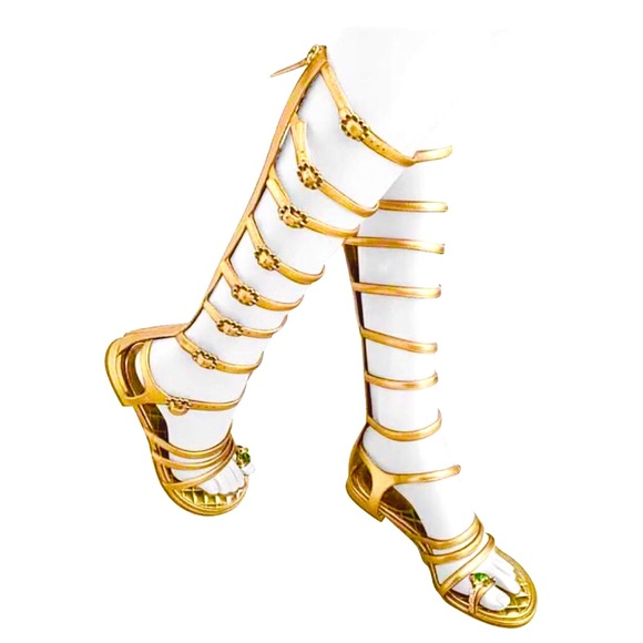 Chanel Leather Knee High Gripoix Embellished ‘CC’ Logo Gold Gladiator Sandals - Picture 7 of 9